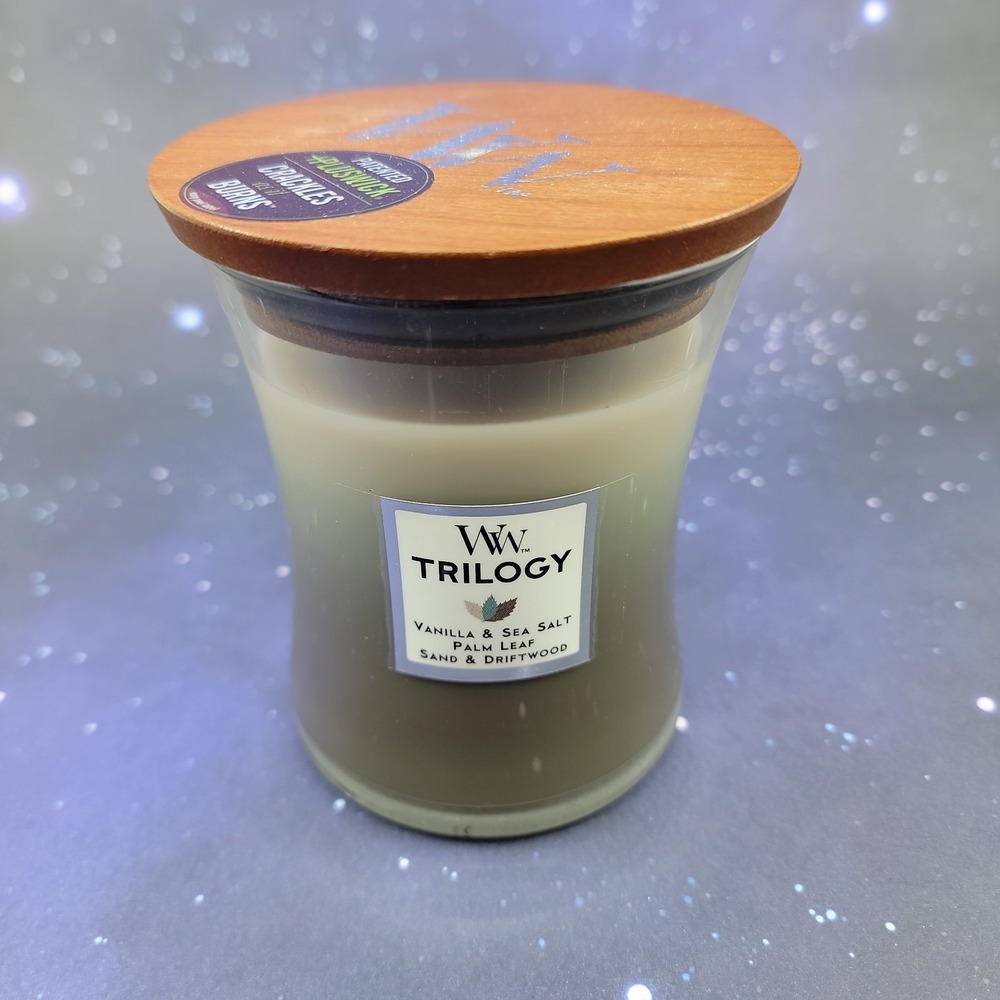 WoodWick Trilogy Vanilla Sea Salt Palm Leaf Sand Driftwood 9.7 Oz Jar Candle New